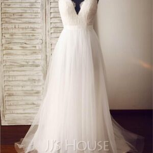 JJs House White Plunge Neck Sleeveless Wedding Gown